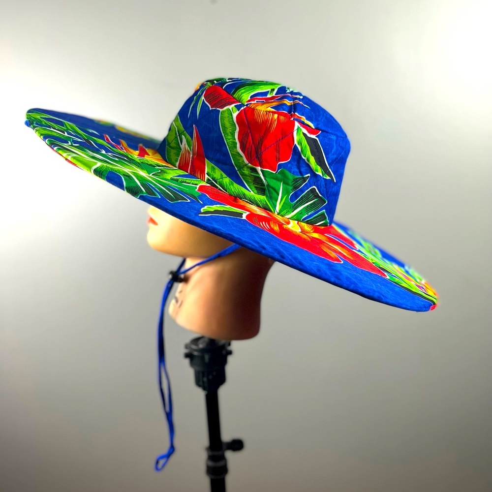 Wide Brim Floral Colorful Bright Vacation Sun Hat with drawstring